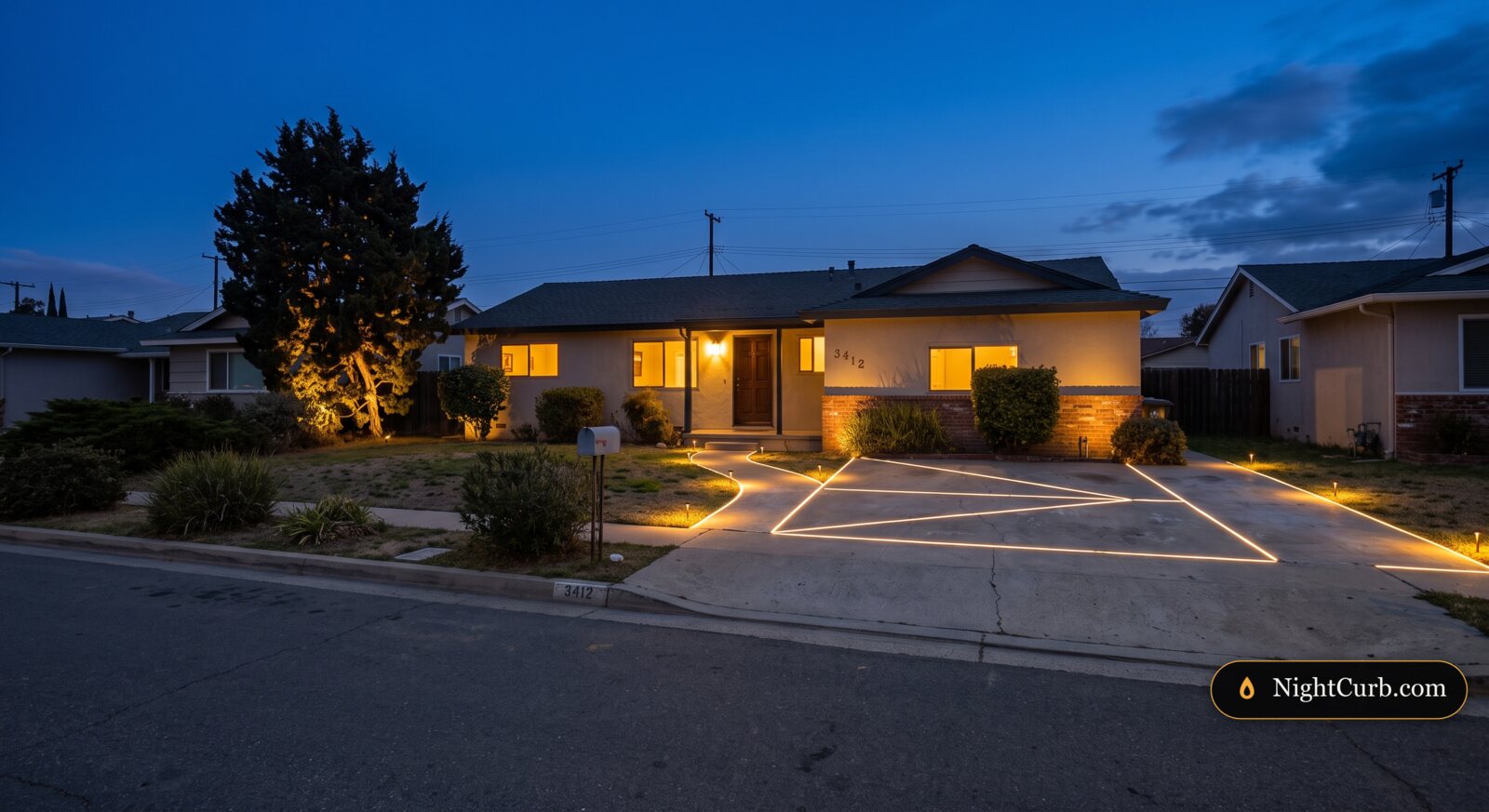 Same driveway with in-ground LED lighting at night