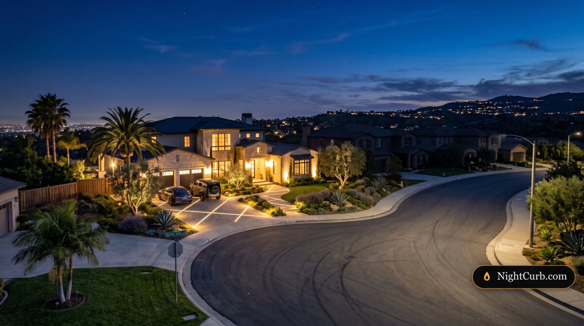 Detached California home with warm in-ground LED driveway and landscape lighting at dusk