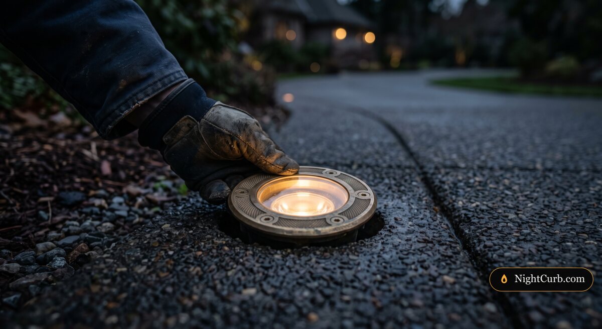 Brass in-ground LED fixture installed at a driveway edge